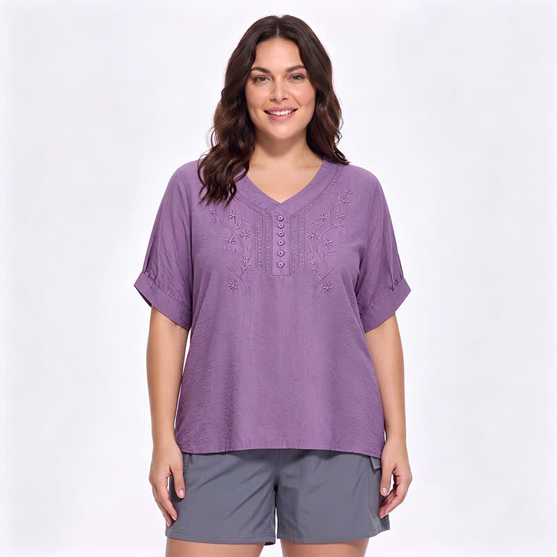 Plus Size Embroidered Relaxed Blouse - Purple - 5XL - image 0