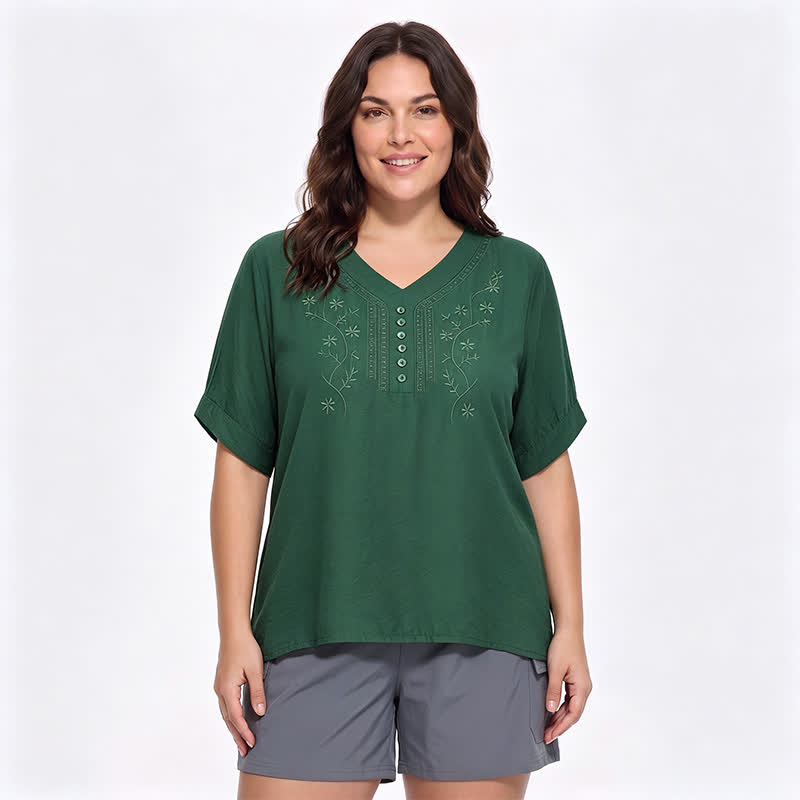 Plus Size Embroidered Relaxed Blouse - Green - 5XL - image 8
