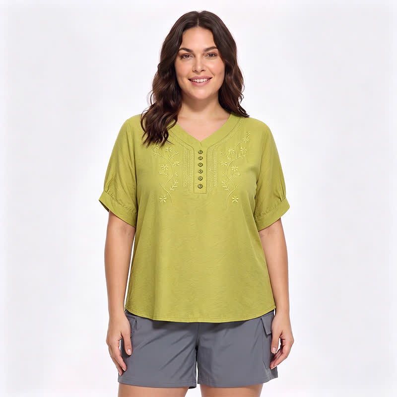 Plus Size Embroidered Relaxed Blouse - Yellow - 5XL - image 12