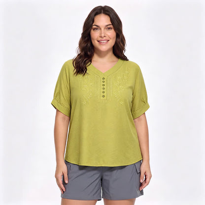 Plus Size Embroidered Relaxed Blouse - Yellow - 5XL - image 12