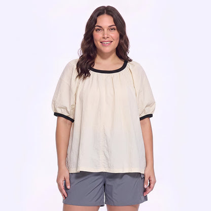 Contrast Trim Relaxed Everyday Blouse - Beige - 4XL - image 0