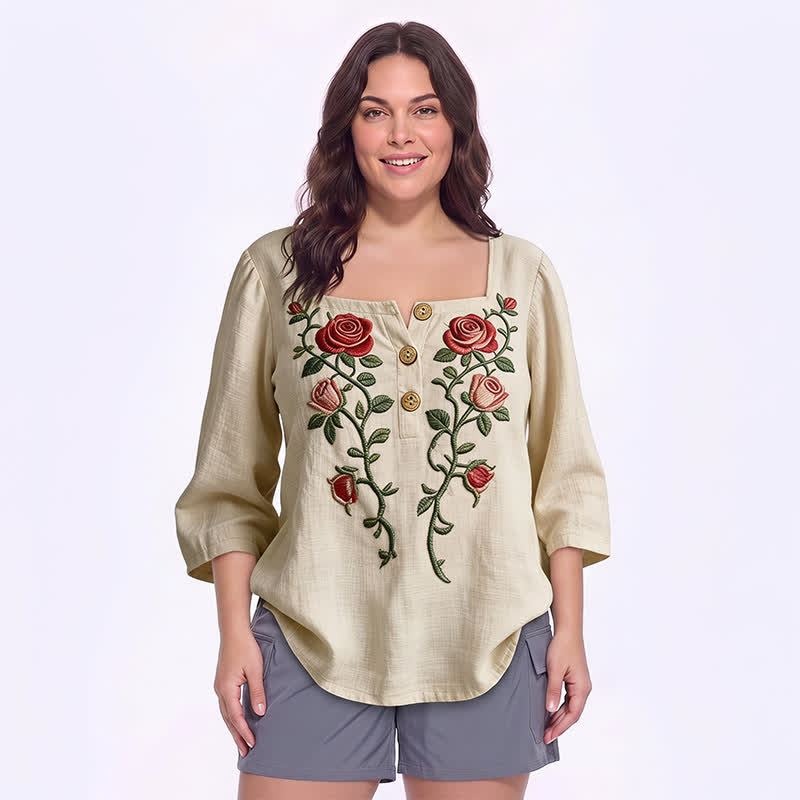 Plus Size Floral Square Neck Blouse - A - 5XL - image 4