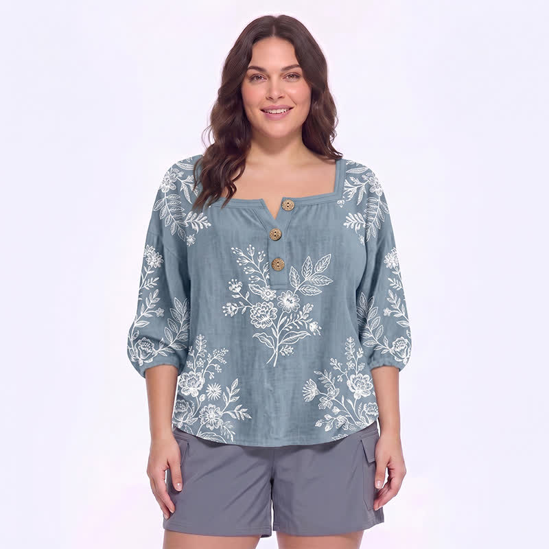 Plus Size Floral Square Neck Blouse - D - 5XL - image 8