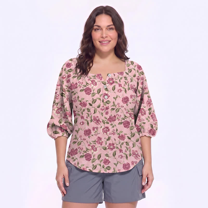 Plus Size Floral Square Neck Blouse - C - 5XL - image 16