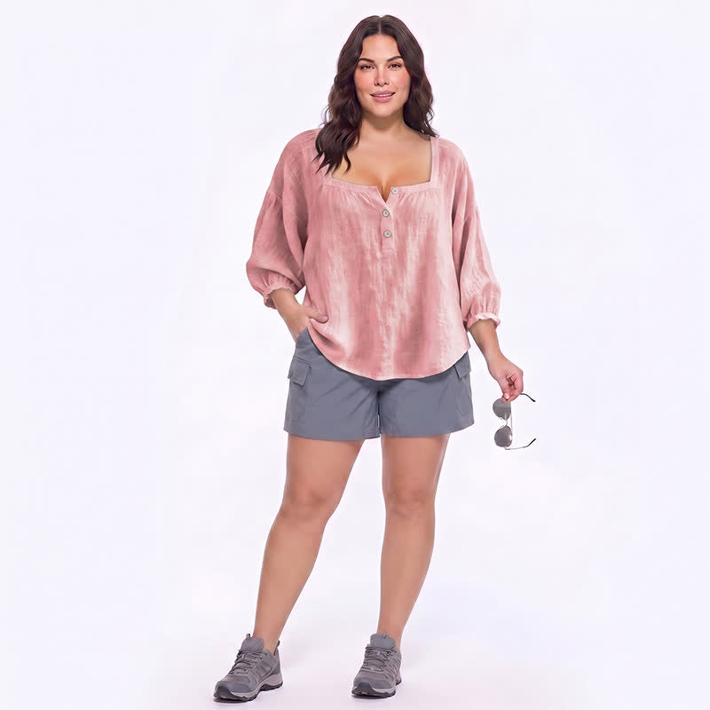 Plus Size Square Neck Button Front Casual Blouse - image 2