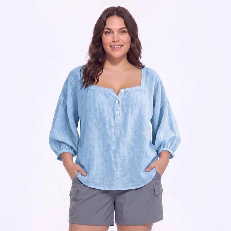 Plus Size Square Neck Button Front Casual Blouse - C - 5XL - image 4