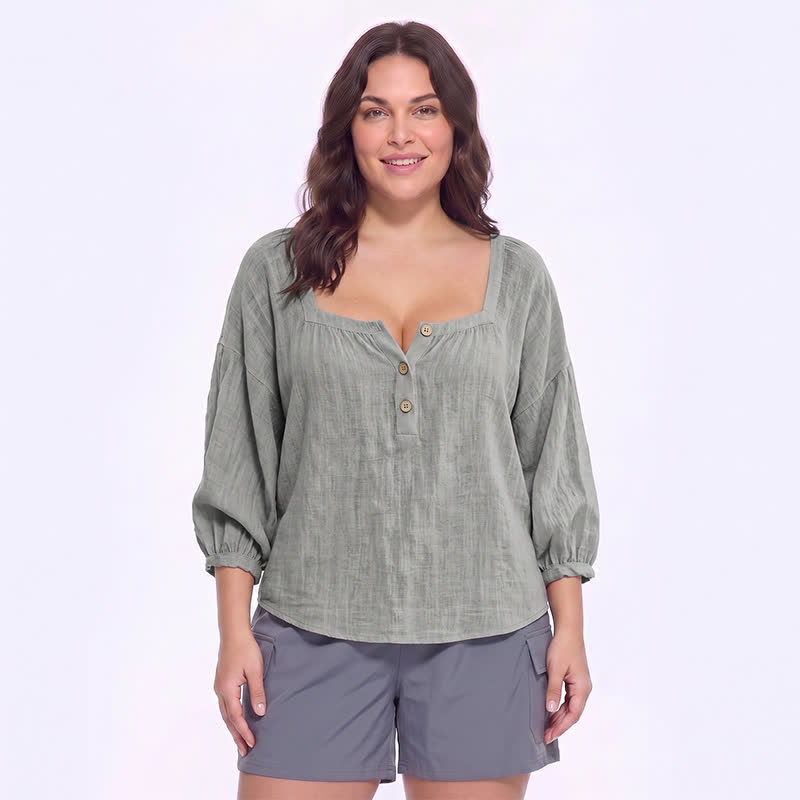 Plus Size Square Neck Button Front Casual Blouse - B - 5XL - image 12
