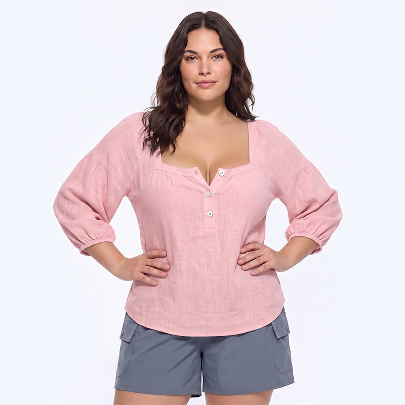 Plus Size Square Neck Button Front Casual Blouse - A - 5XL - image 0
