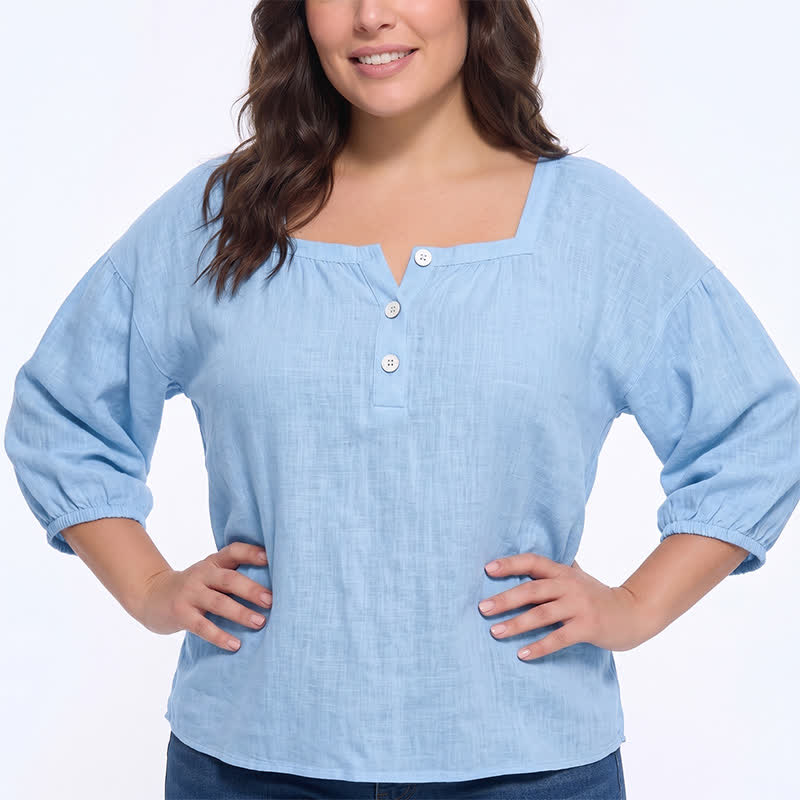 Plus Size Square Neck Button Front Casual Blouse - image 7