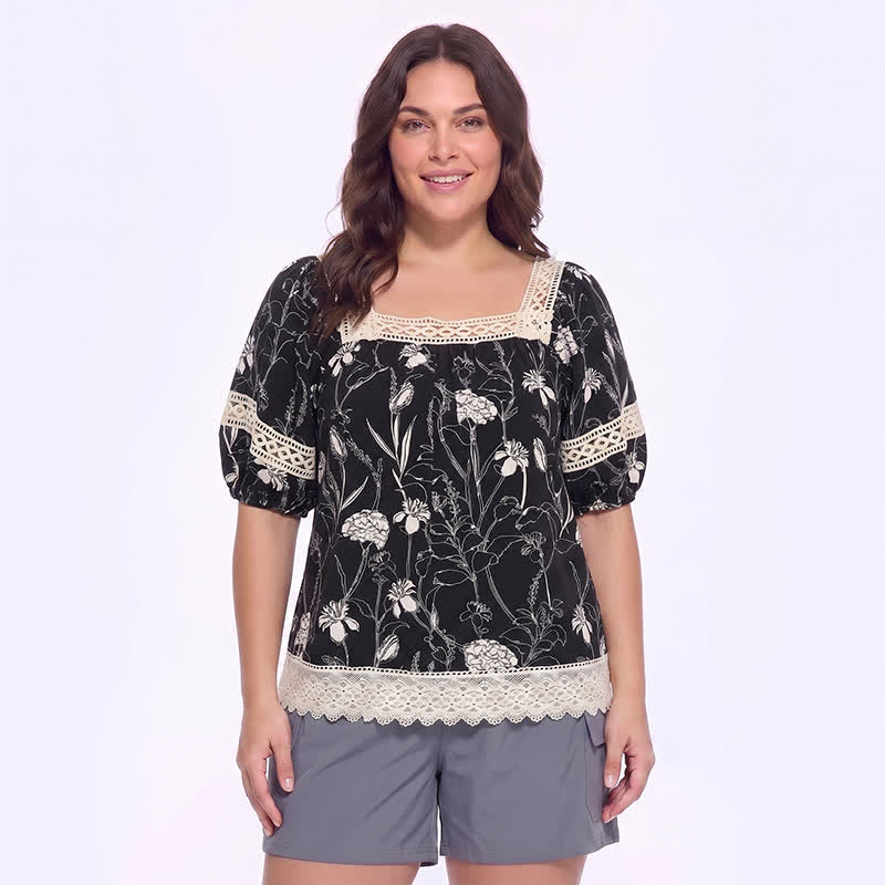 Vintage Floral Lace Square Neck Blouse - Black - 4XL - image 0
