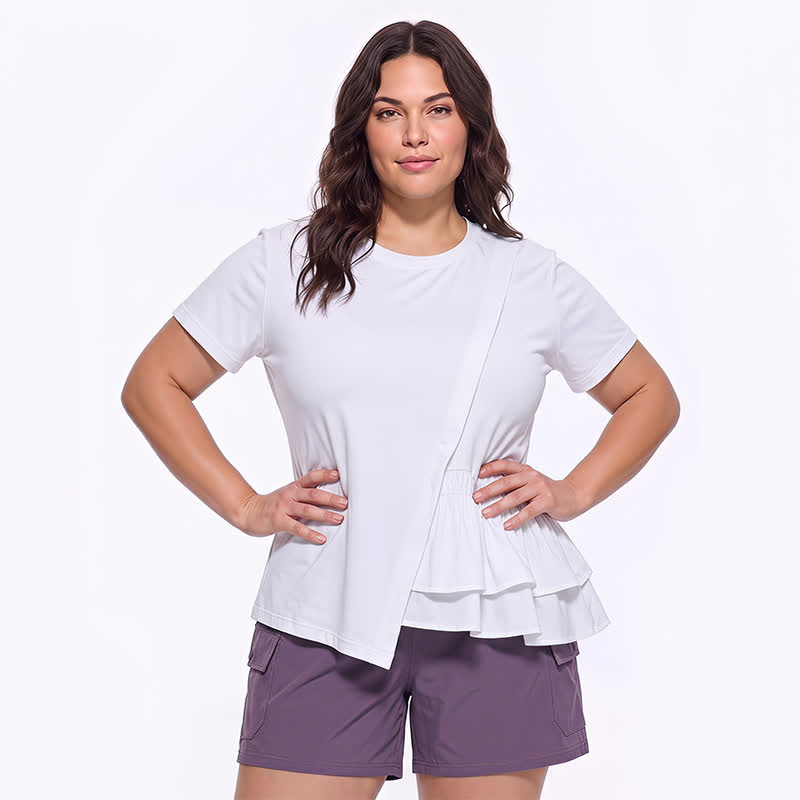 Asymmetrical Ruffle Hem Relaxed Short Sleeve Blouse - White - 4XL - image 4