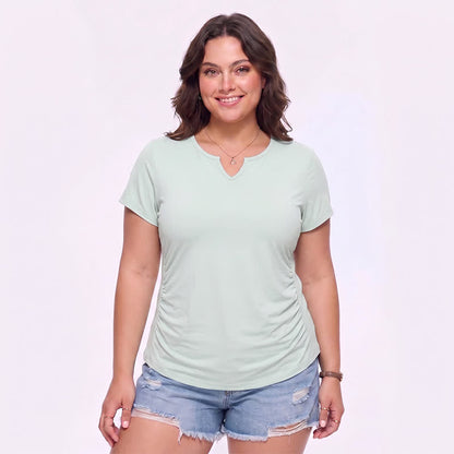 Plus Size Ruched V Neck Sports Shirt - Green - 5XL - image 4