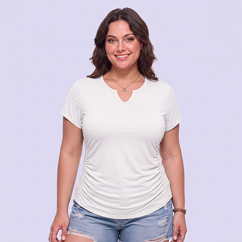 Plus Size Ruched V Neck Sports Shirt - Beige - 5XL - image 8