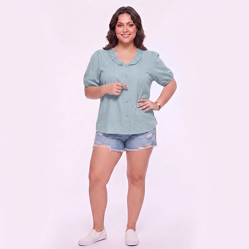 Ruffled V Neck Button Front Everyday Blouse - image 1
