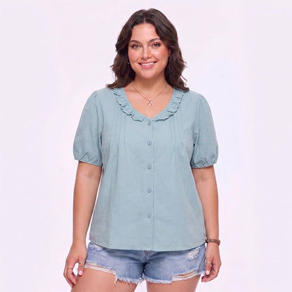Ruffled V Neck Button Front Everyday Blouse - Light Blue - 4XL - image 0