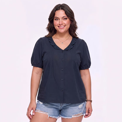 Ruffled V Neck Button Front Everyday Blouse - Navy Blue - 4XL - image 6