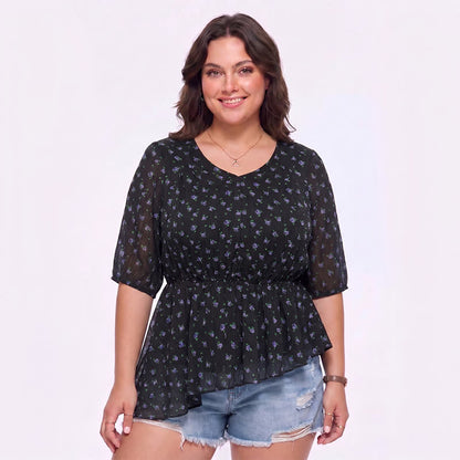 Plus Size Floral Chiffon Peplum Blouse - Blue - 4XL - image 0