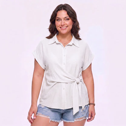 Breezy Tie Waist Collared Button Up Summer Blouse - White - 3XL - image 8