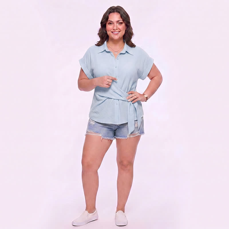 Breezy Tie Waist Collared Button Up Summer Blouse - image 6
