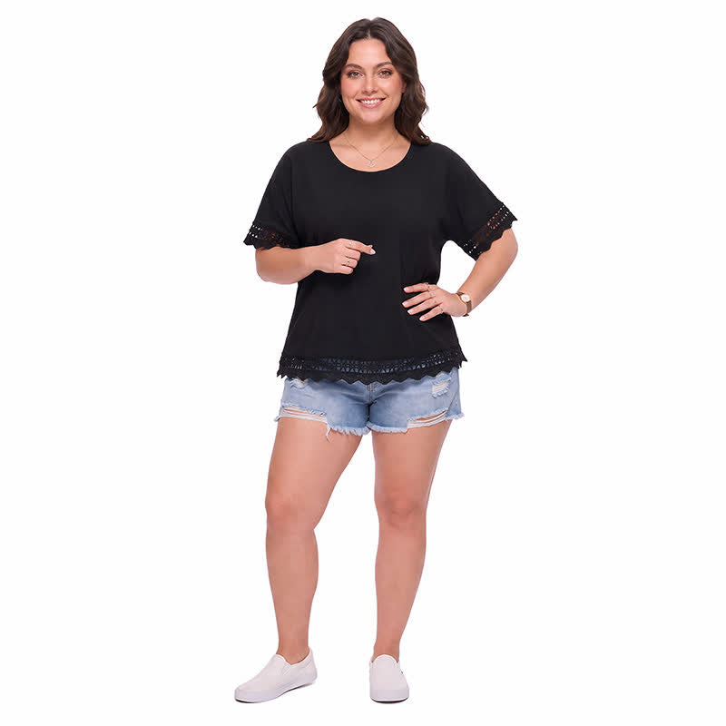 Plus Size Lace Trim Short Sleeve Blouse - image 6