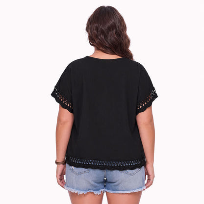 Plus Size Lace Trim Short Sleeve Blouse - image 5