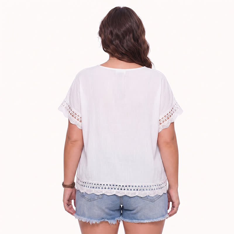 Plus Size Lace Trim Short Sleeve Blouse - image 1