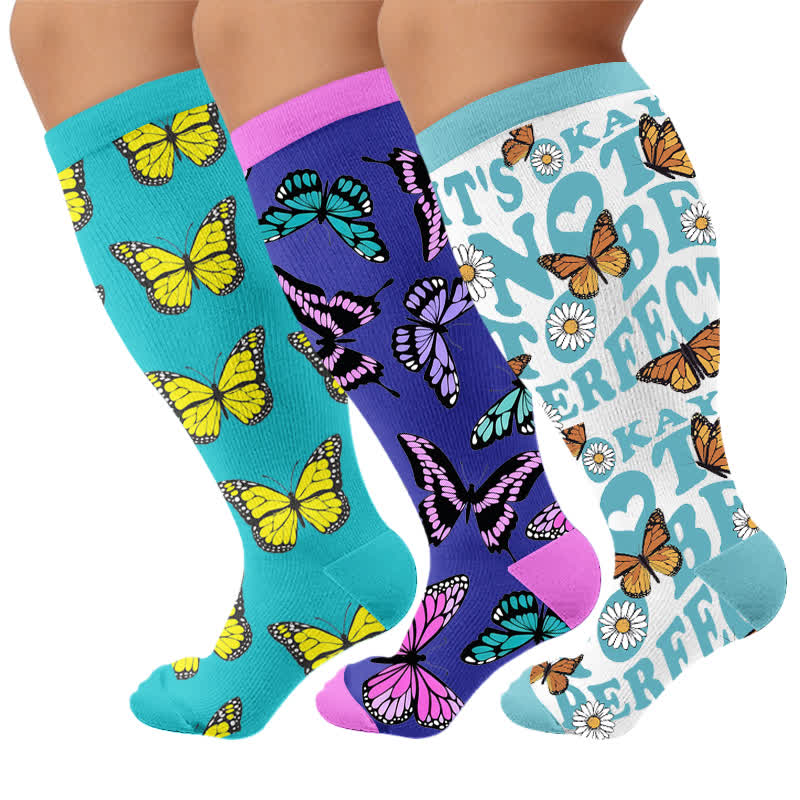 Plus Size Butterfly Bloom Compression Socks - Multicolor(3 Pairs) - 4XL - image 4