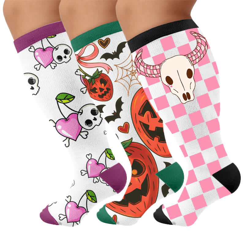 Plus Size Cherry Skull Compression Socks - Multicolor(3 Pairs) - 4XL(1 Pair) - image 4
