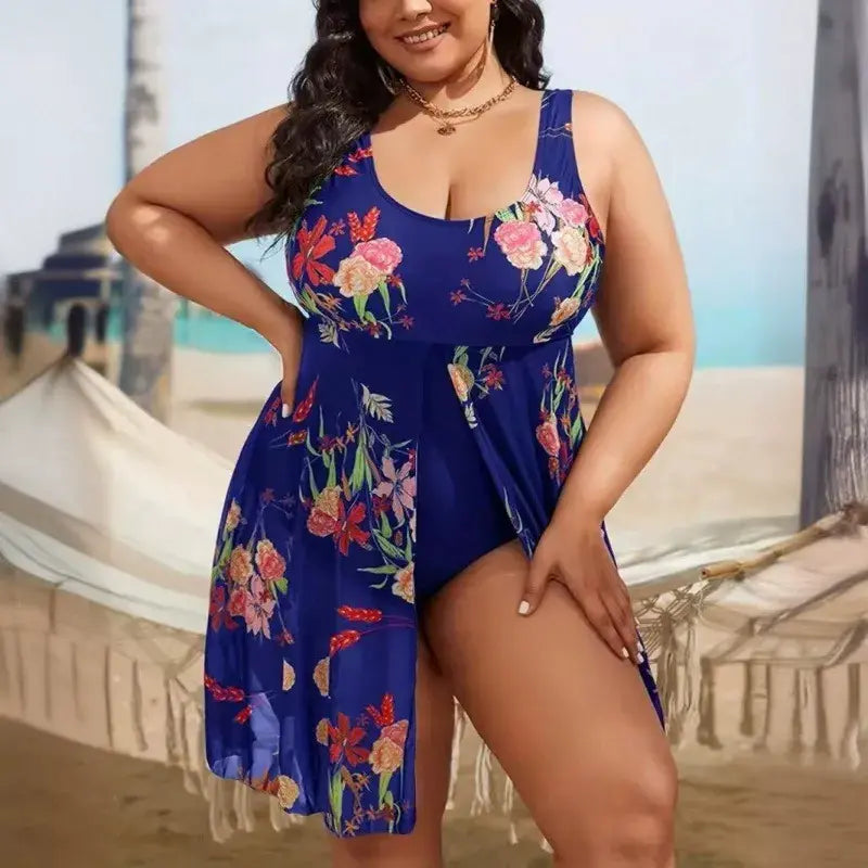 U Neck Flowy Mesh Skirted Swim Dress - Dark Blue - 5XL - image 1