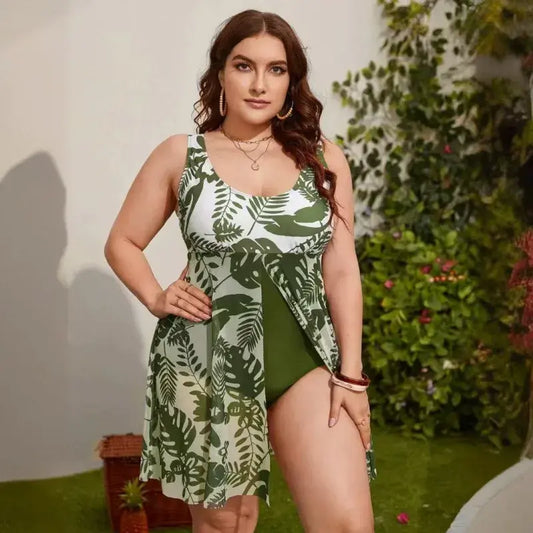 U Neck Mesh Skirted Tummy Control Swim Dress - A - 5XL - image 0
