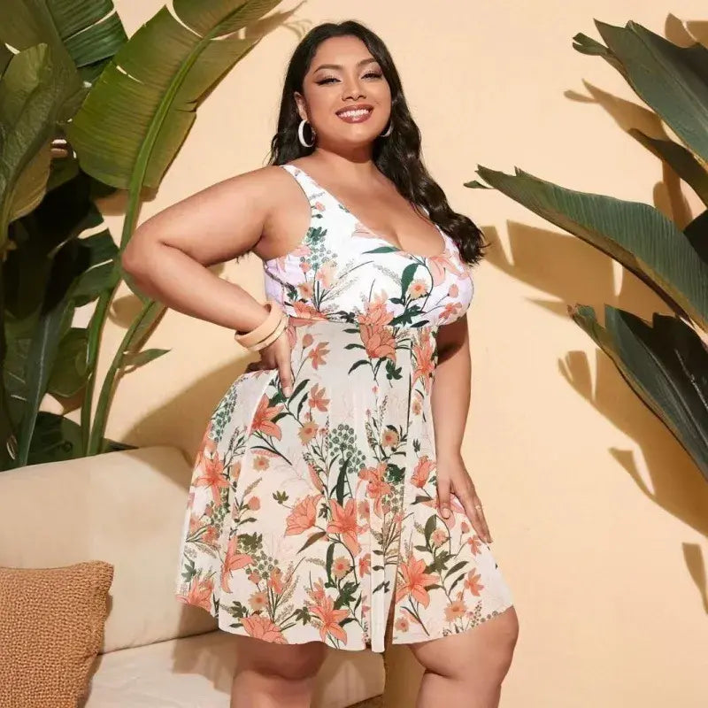 U Neck Mesh Skirted Tummy Control Swim Dress - B - 5XL - image 1