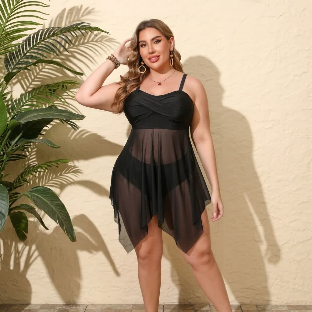 Black Sheer Mesh Wrap Two-Piece Swim Dress Set - image 2