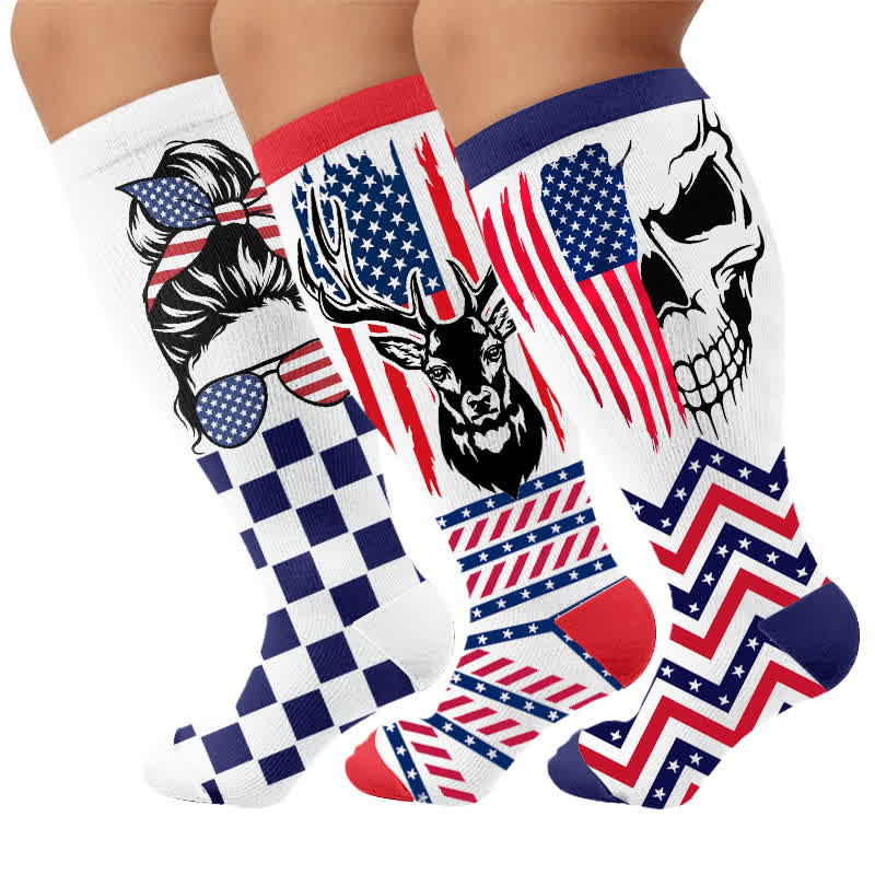 Plus Size Patriotic Star Stripe Compression Socks - Multicolor(3 Pairs) - 4XL - image 4