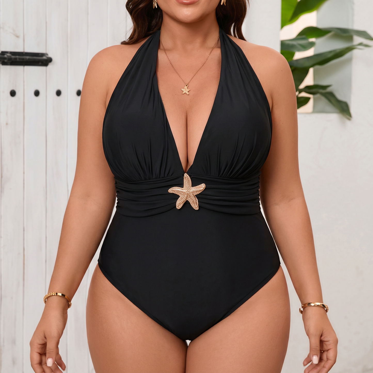 Elegant Black Halter Plunge Mesh Slit Swimwear - image 4