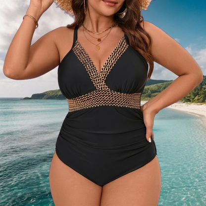 Black V-Neck One-Piece Swimsuit - image 2