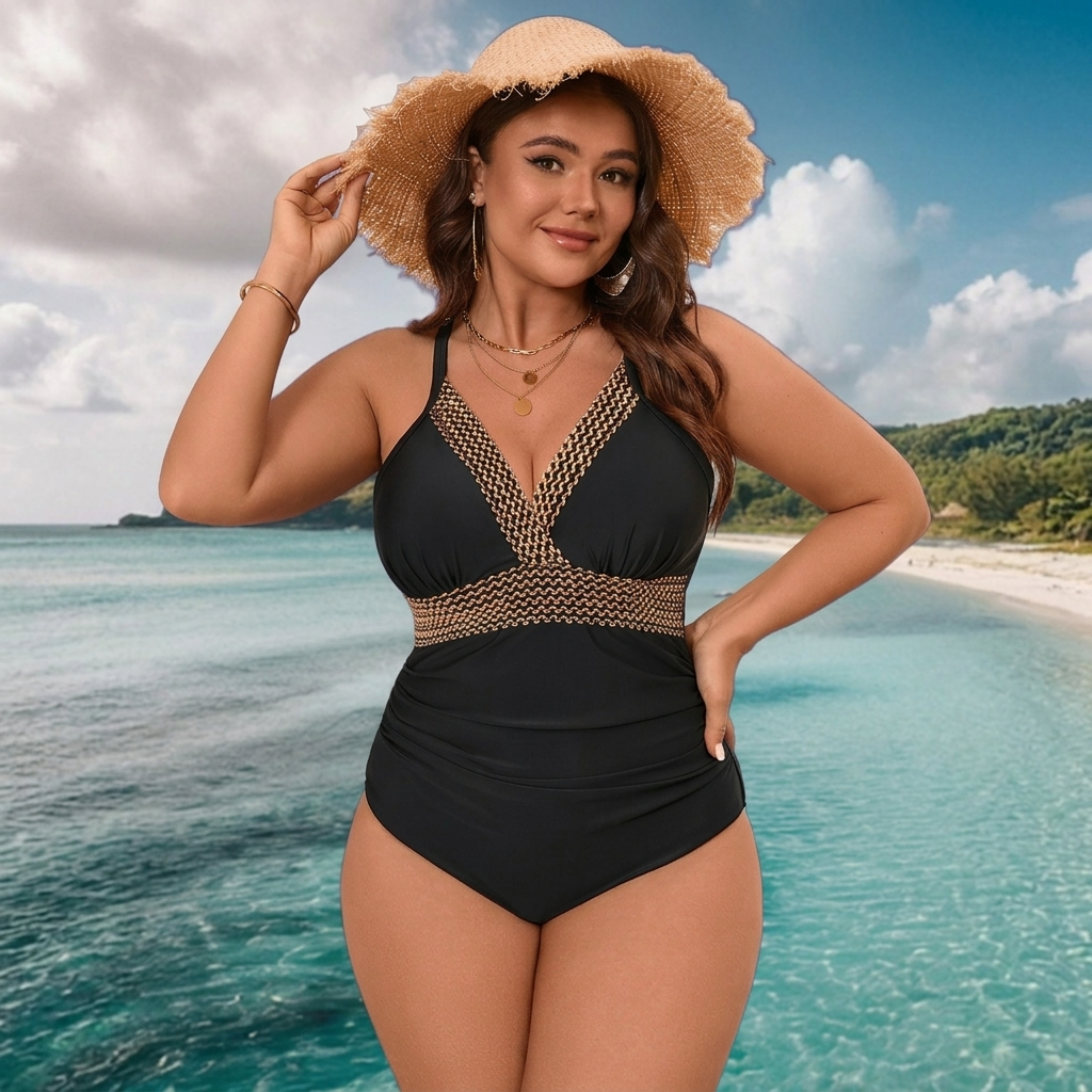 Black V-Neck One-Piece Swimsuit - image 3