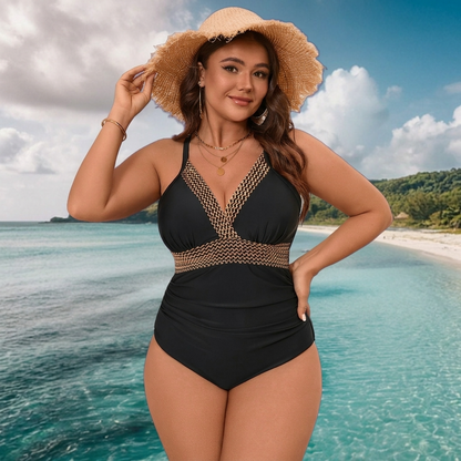 Black V-Neck One-Piece Swimsuit - image 3