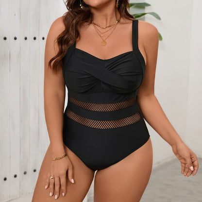 Black Mesh Cutout One-Piece Swimsuit - Black - 5XL - image 0