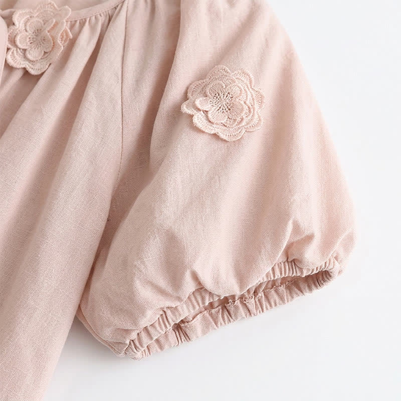 Floral Applique Puff Sleeve Tie Front Blouse - image 5