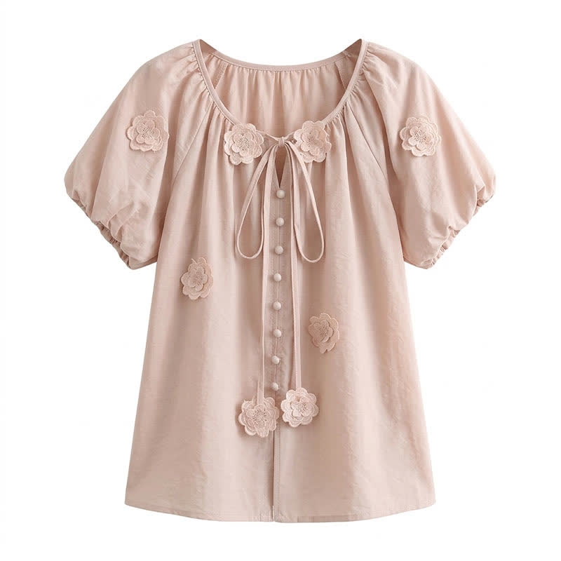 Floral Applique Puff Sleeve Tie Front Blouse - Pink - 4XL - image 4