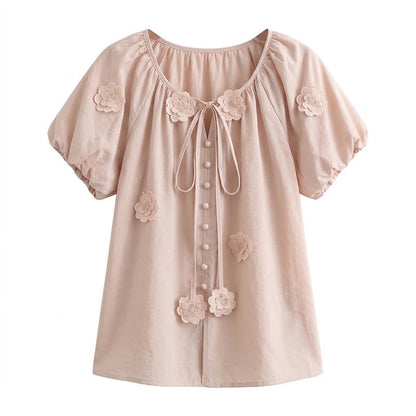 Floral Applique Puff Sleeve Tie Front Blouse - Pink - 4XL - image 4