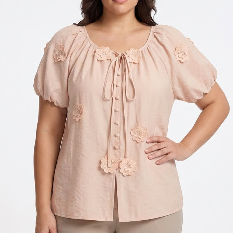 Floral Applique Puff Sleeve Tie Front Blouse - image 1