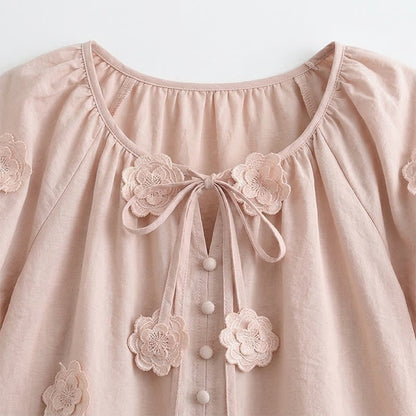 Floral Applique Puff Sleeve Tie Front Blouse - image 6