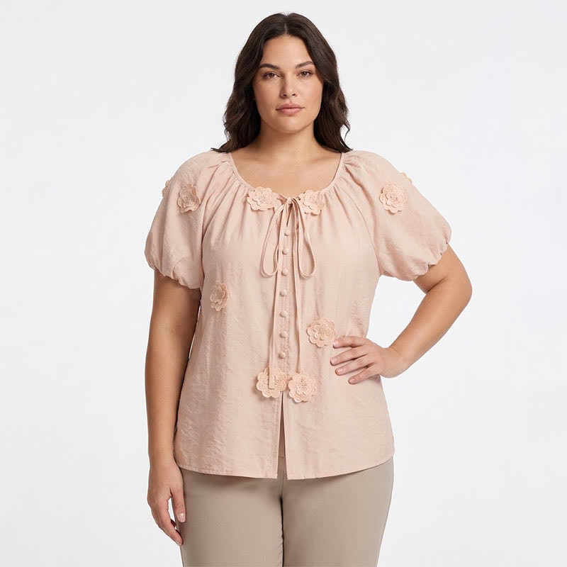 Floral Applique Puff Sleeve Tie Front Blouse - image 0