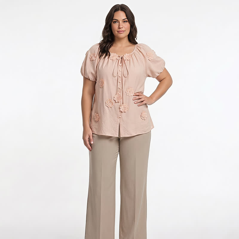 Floral Applique Puff Sleeve Tie Front Blouse - image 3