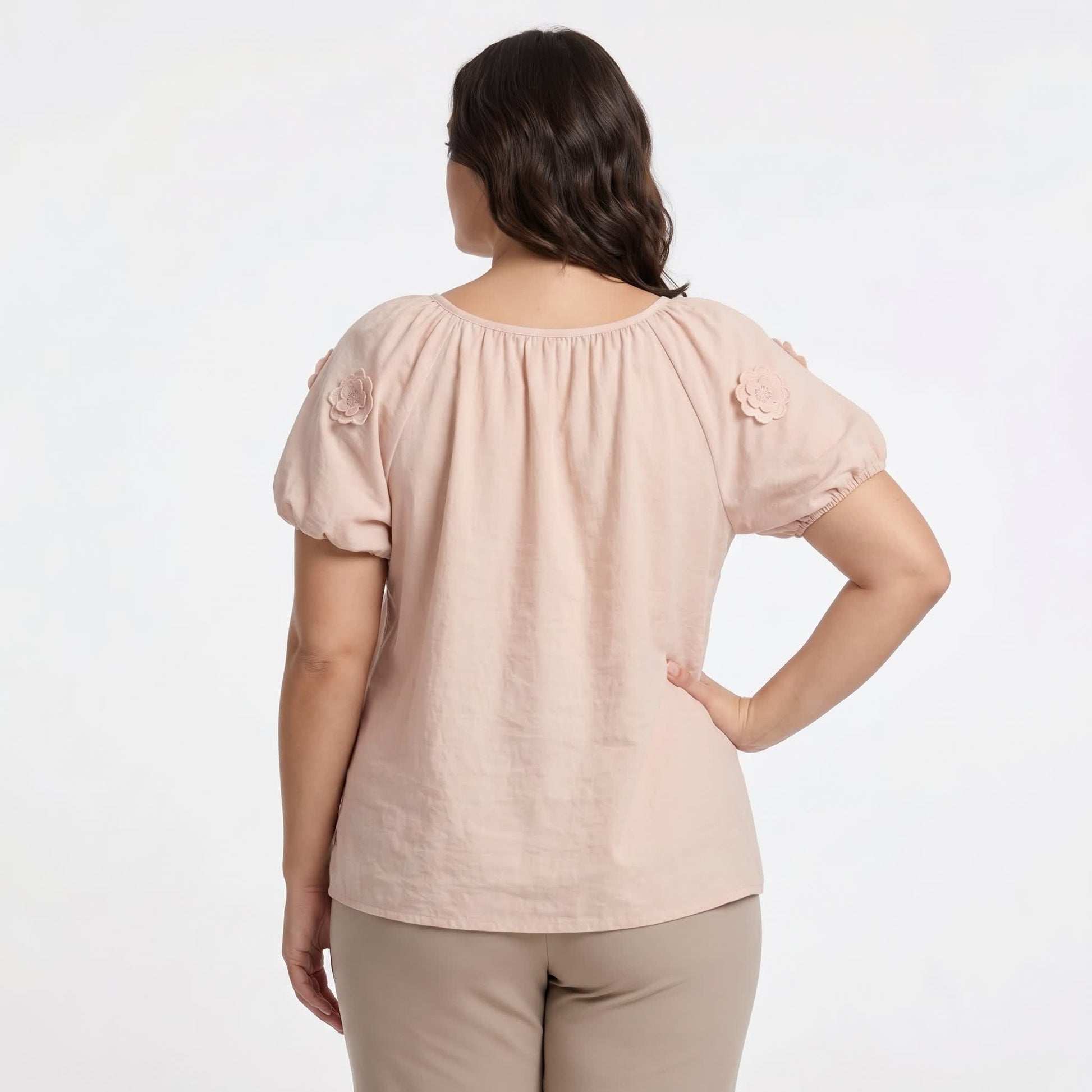 Floral Applique Puff Sleeve Tie Front Blouse - image 2
