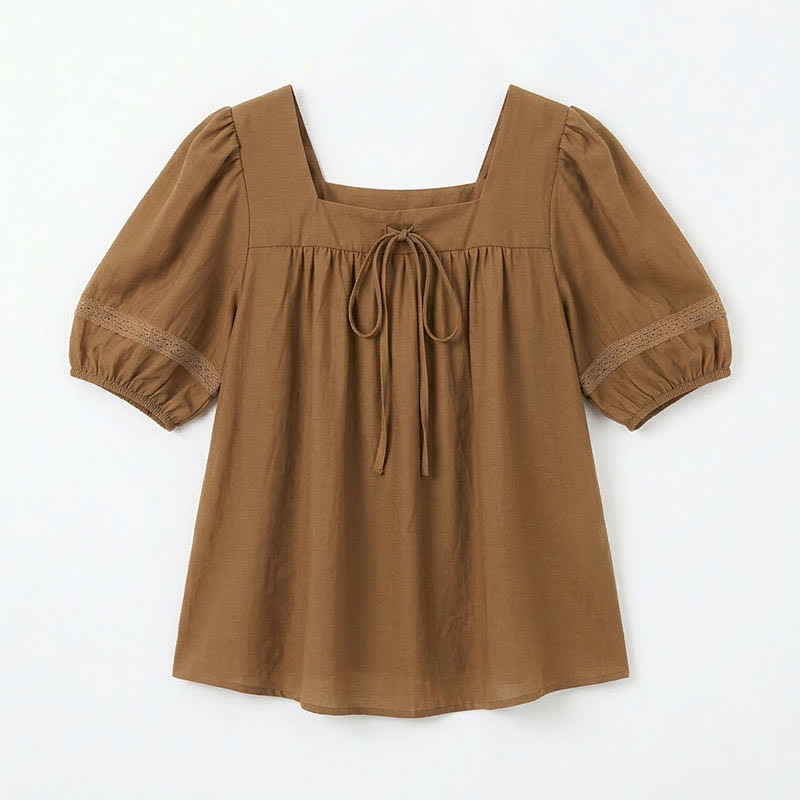 Plus Size Vintage-inspired Square Neck Blouse - Khaki - 4XL - image 9