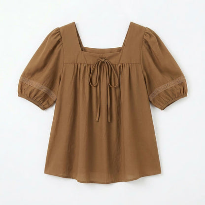 Plus Size Vintage-inspired Square Neck Blouse - Khaki - 4XL - image 9