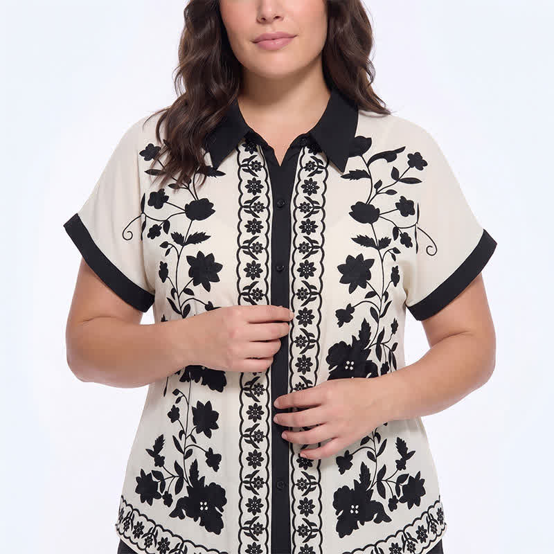 Ivory Floral Contrast Trim Relaxed Blouse Top - image 1