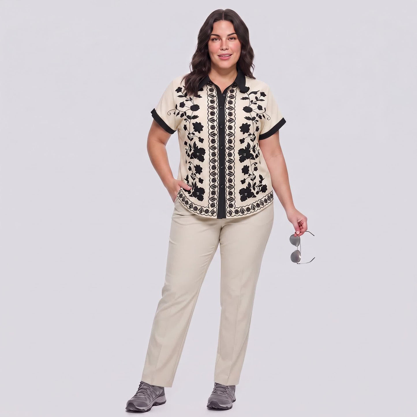 Ivory Floral Contrast Trim Relaxed Blouse Top - image 3